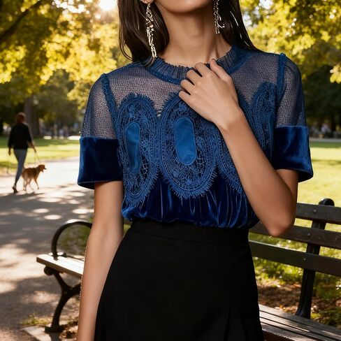 Women's Velvet Lace Blouses Short Sleeve Elegant Velour Tops Vintage Round Neck Flared Swing Mesh Shirt Tops in Saudi Arabia
