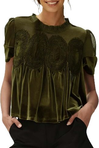 Women's Velvet Lace Blouses Short Sleeve Elegant Velour Tops Vintage Round Neck Flared Swing Mesh Shirt Tops in Saudi Arabia