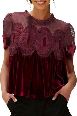 Women's Velvet Lace Blouses Short Sleeve Elegant Velour Tops Vintage Round Neck Flared Swing Mesh Shirt Tops in Saudi Arabia