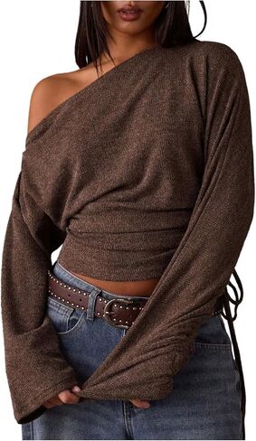 MakeMeChic Women's Off The Shoulder Tops Drawstring Ruched Long Sleeve Y2k T Shirts in Saudi Arabia