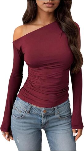 SOLY HUX Women's Off The Shoulder T Shirt Long Sleeve Asymmetrical Neck Ruched Fitted Tee Going Out Tops in Saudi Arabia