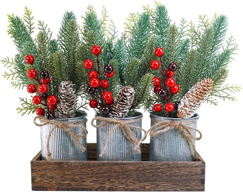 Winlyn Christmas Farmhouse Centerpiece Rustic Wood Tray 3 Galvanized Pots with Artificial Pine Cedar Red Berry Snowy Pinecone Christmas Arrangement Table Decoration for Holiday Home Kitchen Mantel in Saudi Arabia