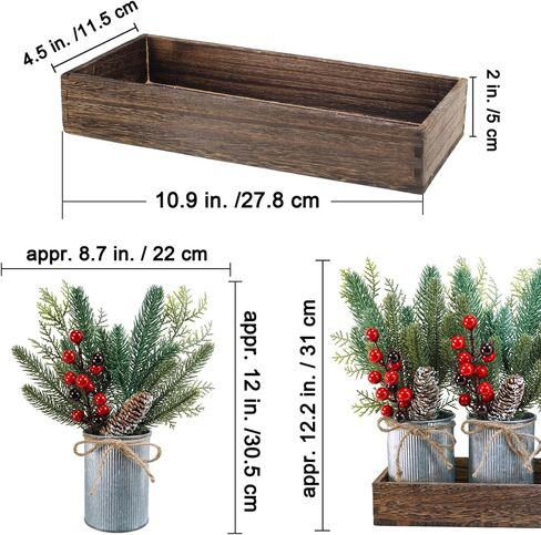 Winlyn Christmas Farmhouse Centerpiece Rustic Wood Tray 3 Galvanized Pots with Artificial Pine Cedar Red Berry Snowy Pinecone Christmas Arrangement Table Decoration for Holiday Home Kitchen Mantel in Saudi Arabia
