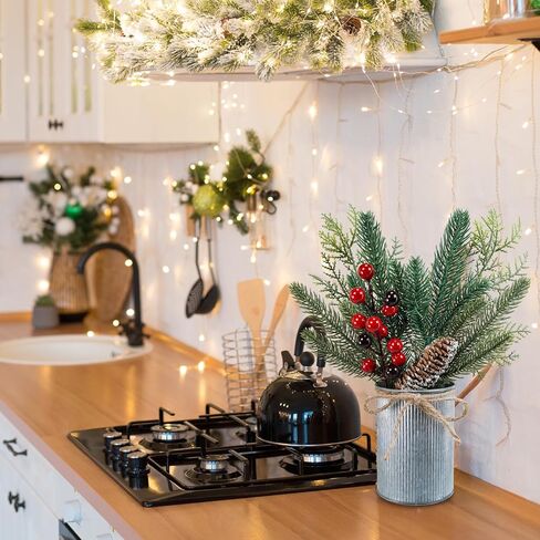 Winlyn Christmas Farmhouse Centerpiece Rustic Wood Tray 3 Galvanized Pots with Artificial Pine Cedar Red Berry Snowy Pinecone Christmas Arrangement Table Decoration for Holiday Home Kitchen Mantel in Saudi Arabia