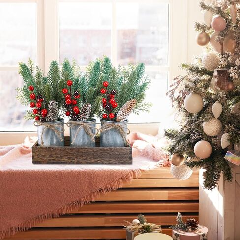 Winlyn Christmas Farmhouse Centerpiece Rustic Wood Tray 3 Galvanized Pots with Artificial Pine Cedar Red Berry Snowy Pinecone Christmas Arrangement Table Decoration for Holiday Home Kitchen Mantel in Saudi Arabia