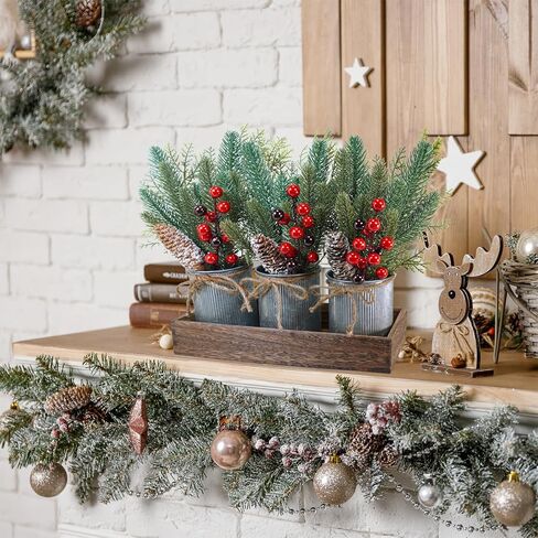 Winlyn Christmas Farmhouse Centerpiece Rustic Wood Tray 3 Galvanized Pots with Artificial Pine Cedar Red Berry Snowy Pinecone Christmas Arrangement Table Decoration for Holiday Home Kitchen Mantel in Saudi Arabia