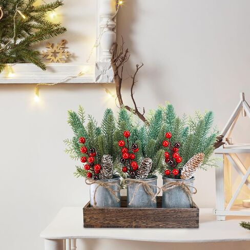 Winlyn Christmas Farmhouse Centerpiece Rustic Wood Tray 3 Galvanized Pots with Artificial Pine Cedar Red Berry Snowy Pinecone Christmas Arrangement Table Decoration for Holiday Home Kitchen Mantel in Saudi Arabia