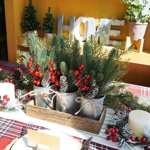 Winlyn Christmas Farmhouse Centerpiece Rustic Wood Tray 3 Galvanized Pots with Artificial Pine Cedar Red Berry Snowy Pinecone Christmas Arrangement Table Decoration for Holiday Home Kitchen Mantel in Saudi Arabia