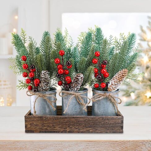 Winlyn Christmas Farmhouse Centerpiece Rustic Wood Tray 3 Galvanized Pots with Artificial Pine Cedar Red Berry Snowy Pinecone Christmas Arrangement Table Decoration for Holiday Home Kitchen Mantel in Saudi Arabia