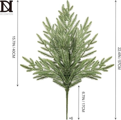 DN DECONATION Artificial Christmas Norfolk Pine Stems, Faux Pine Branches 22.4" 6PCS - Real Touch PE Greenery Fake Pine Needles for Vase Arrangements, Winter, Holiday Indoor Outdoor Home Decor in Saudi Arabia