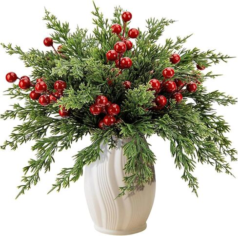 1pc Artificial Christmas & Winter Greenery with Red Berries – Faux Foliage Featuring Vibrant Green Leaves & Norfolk Pine Branches,Perfect for Holiday Table Decor, Green in Saudi Arabia
