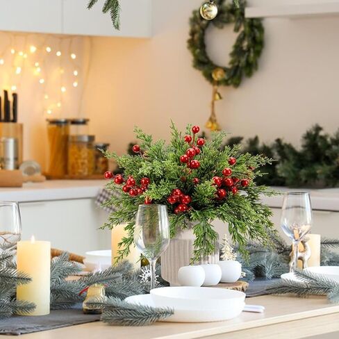 1pc Artificial Christmas & Winter Greenery with Red Berries – Faux Foliage Featuring Vibrant Green Leaves & Norfolk Pine Branches,Perfect for Holiday Table Decor, Green in Saudi Arabia