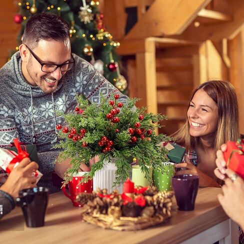 1pc Artificial Christmas & Winter Greenery with Red Berries – Faux Foliage Featuring Vibrant Green Leaves & Norfolk Pine Branches,Perfect for Holiday Table Decor, Green in Saudi Arabia
