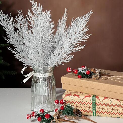 5 Pcs Christmas Silver Artificial Pine Branches, Glitter Fake Foliage Pine Stems Picks Silver Leaves Artificial Pines for DIY Christmas Wreath Home Decoration (35 * 8cm) in Saudi Arabia