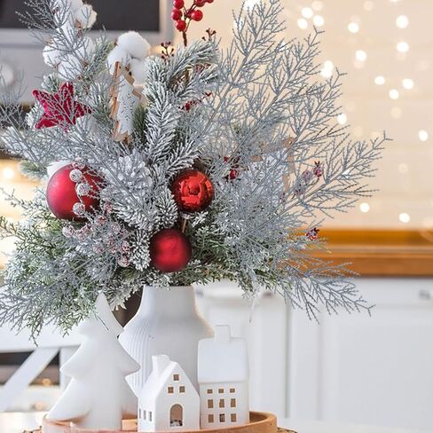 5 Pcs Christmas Silver Artificial Pine Branches, Glitter Fake Foliage Pine Stems Picks Silver Leaves Artificial Pines for DIY Christmas Wreath Home Decoration (35 * 8cm) in Saudi Arabia