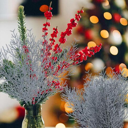 5 Pcs Christmas Silver Artificial Pine Branches, Glitter Fake Foliage Pine Stems Picks Silver Leaves Artificial Pines for DIY Christmas Wreath Home Decoration (35 * 8cm) in Saudi Arabia