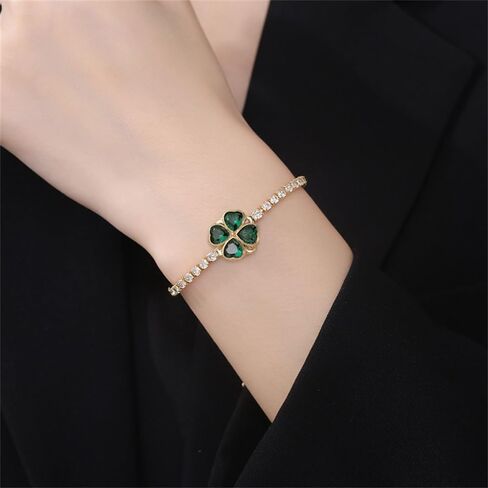 Rotatable Green Crystal Clover Flower Bracelet for Women 14K Gold-Tone Plated Stainelss Steel Cute Delicate Love Heart CZ Lucky Bracelets Adjustable Sweet Dainty St.Patrick's Day Jewelry Gifts in Saudi Arabia