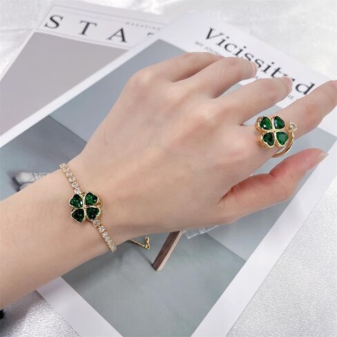 Rotatable Green Crystal Clover Flower Bracelet for Women 14K Gold-Tone Plated Stainelss Steel Cute Delicate Love Heart CZ Lucky Bracelets Adjustable Sweet Dainty St.Patrick's Day Jewelry Gifts in Saudi Arabia
