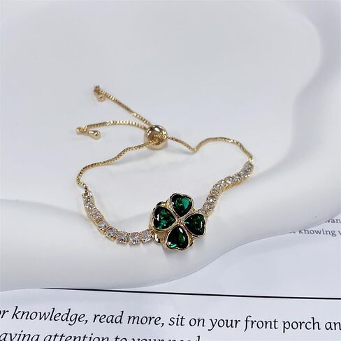 Rotatable Green Crystal Clover Flower Bracelet for Women 14K Gold-Tone Plated Stainelss Steel Cute Delicate Love Heart CZ Lucky Bracelets Adjustable Sweet Dainty St.Patrick's Day Jewelry Gifts in Saudi Arabia