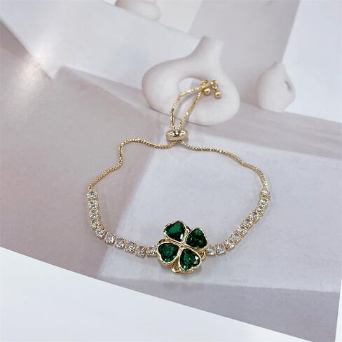 Rotatable Green Crystal Clover Flower Bracelet for Women 14K Gold-Tone Plated Stainelss Steel Cute Delicate Love Heart CZ Lucky Bracelets Adjustable Sweet Dainty St.Patrick's Day Jewelry Gifts in Saudi Arabia