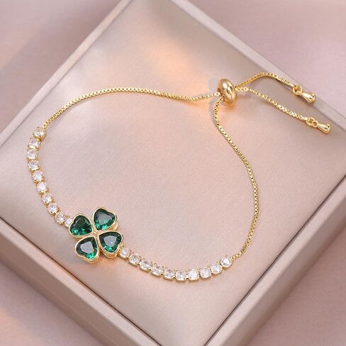 Rotatable Green Crystal Clover Flower Bracelet for Women 14K Gold-Tone Plated Stainelss Steel Cute Delicate Love Heart CZ Lucky Bracelets Adjustable Sweet Dainty St.Patrick's Day Jewelry Gifts in Saudi Arabia