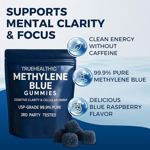 TRUEHEALTHIC Methylene Blue Gummies, for Cognitive Support & Mental Focus, Clean 5mg of Methylene Blue Per Gummy, 99.9% Pure, Vegan, Non-GMO, 30 Gummies in Kuwait