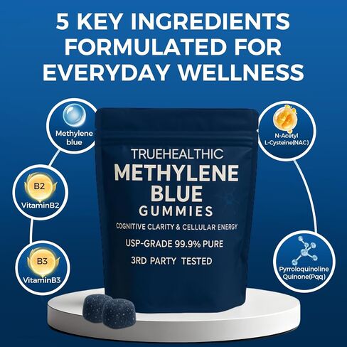 TRUEHEALTHIC Methylene Blue Gummies, for Cognitive Support & Mental Focus, Clean 5mg of Methylene Blue Per Gummy, 99.9% Pure, Vegan, Non-GMO, 30 Gummies in Kuwait