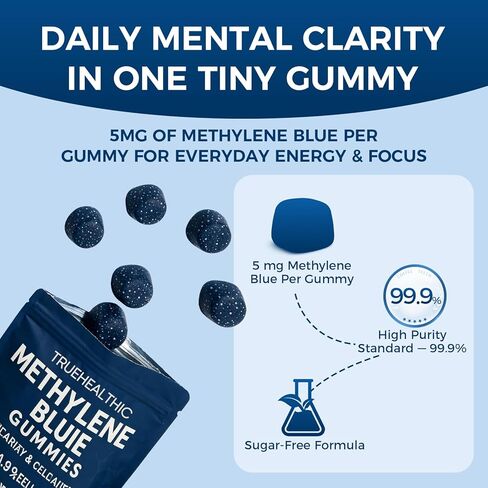TRUEHEALTHIC Methylene Blue Gummies, for Cognitive Support & Mental Focus, Clean 5mg of Methylene Blue Per Gummy, 99.9% Pure, Vegan, Non-GMO, 30 Gummies in Kuwait