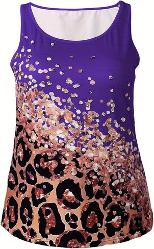 Plus Size Womens Round Neck Tops Sleeveless Contrast Color Shirts Leopard Print Summer Casual Tank in Saudi Arabia