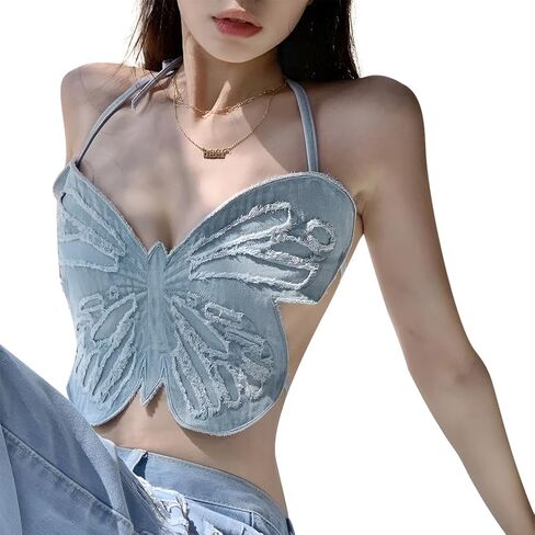 المرأة Y2k الدنيم فراشة الرسن المحاصيل الأعلى مثير الدانتيل يصل عارية الذراعين بروتيل جان أنبوب الصدرية ملابس الهذيان in Saudi Arabia