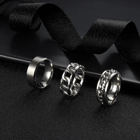 3Pcs Mens Rings for Men Women Stainless Steel Silver Black Rings Band Ring Cuban Link Chain Rings Spinner Ring Men's Promise Wedding Rings Set in Saudi Arabia