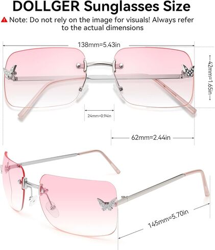 Dollger Rectangle Y2k Sunglasses for Women Fashion Rimless 2000s Square Sun Glasses Butterfly 90s Cool Shades in Saudi Arabia