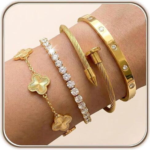 Billet-doux 18K Gold Plated Nail Love Bangle Bracelets Set For Women, Stackable Four-Leaf Clover Adjustable Tennis Bracelet Non-Tarnish Trendy Jewelry Gifts Perfect for Her in Saudi Arabia
