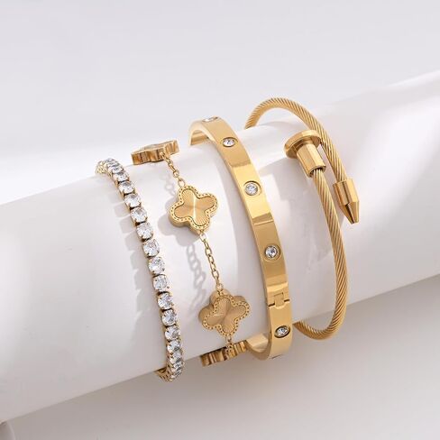 Billet-doux 18K Gold Plated Nail Love Bangle Bracelets Set For Women, Stackable Four-Leaf Clover Adjustable Tennis Bracelet Non-Tarnish Trendy Jewelry Gifts Perfect for Her in Saudi Arabia
