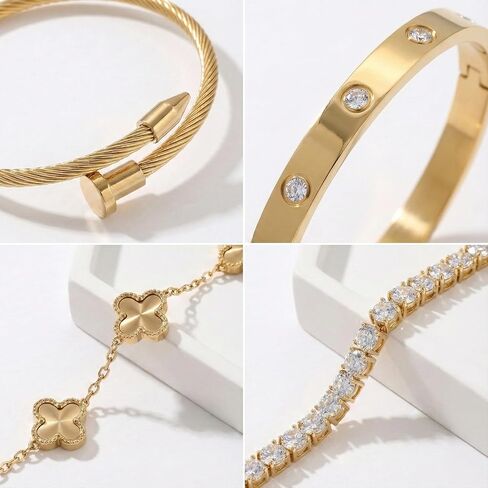 Billet-doux 18K Gold Plated Nail Love Bangle Bracelets Set For Women, Stackable Four-Leaf Clover Adjustable Tennis Bracelet Non-Tarnish Trendy Jewelry Gifts Perfect for Her in Saudi Arabia