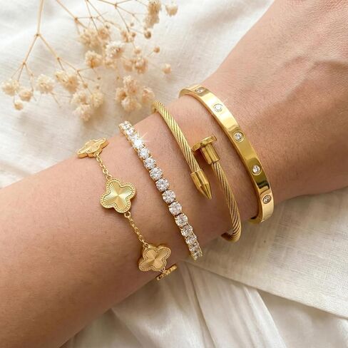 Billet-doux 18K Gold Plated Nail Love Bangle Bracelets Set For Women, Stackable Four-Leaf Clover Adjustable Tennis Bracelet Non-Tarnish Trendy Jewelry Gifts Perfect for Her in Saudi Arabia