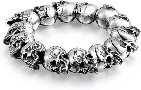 Alloy Heavy Skull Bracelet with String of 3D Skulls Gothic Punk Rock and Roll Silver Color Polished Jewelry for Men Skull Bracelet Beads for Men Women Charm in Saudi Arabia