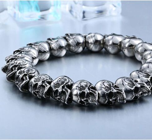 Alloy Heavy Skull Bracelet with String of 3D Skulls Gothic Punk Rock and Roll Silver Color Polished Jewelry for Men Skull Bracelet Beads for Men Women Charm in Saudi Arabia