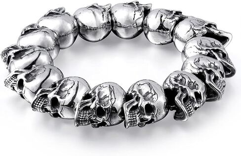 Alloy Heavy Skull Bracelet with String of 3D Skulls Gothic Punk Rock and Roll Silver Color Polished Jewelry for Men Skull Bracelet Beads for Men Women Charm in Saudi Arabia