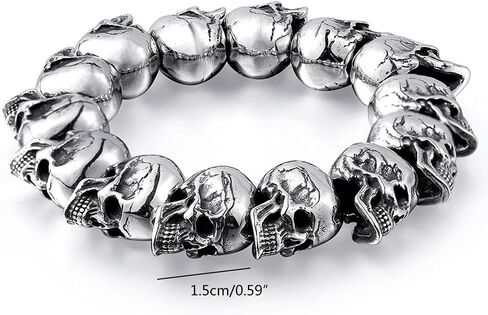 Alloy Heavy Skull Bracelet with String of 3D Skulls Gothic Punk Rock and Roll Silver Color Polished Jewelry for Men Skull Bracelet Beads for Men Women Charm in Saudi Arabia