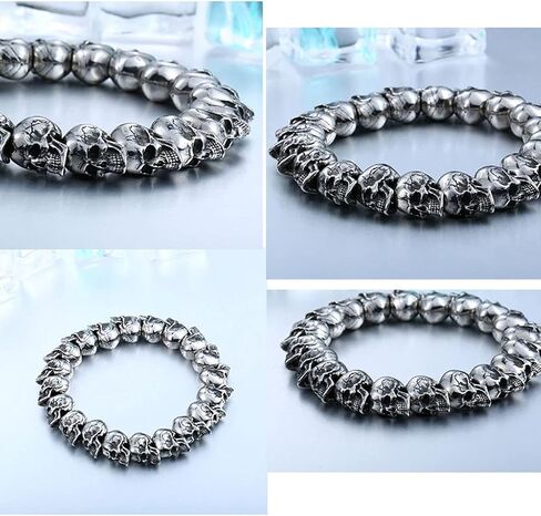 Alloy Heavy Skull Bracelet with String of 3D Skulls Gothic Punk Rock and Roll Silver Color Polished Jewelry for Men Skull Bracelet Beads for Men Women Charm in Saudi Arabia