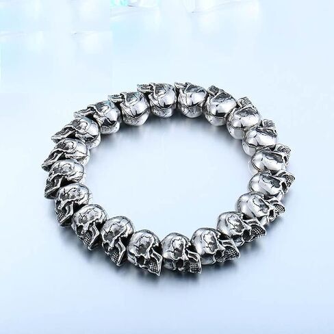 Alloy Heavy Skull Bracelet with String of 3D Skulls Gothic Punk Rock and Roll Silver Color Polished Jewelry for Men Skull Bracelet Beads for Men Women Charm in Saudi Arabia