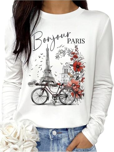 SweatyRocks Women's Paris Letter Floral Graphic Tees Casual Long Sleeve Crew Neck Sweatshirts in Saudi Arabia