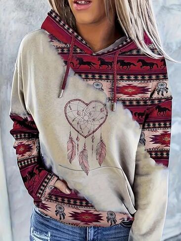 Women's Cowgirl Rhombus Printed Hooded Sweatshirt Western Ethnic Style Print Hoodie Pullover in Saudi Arabia