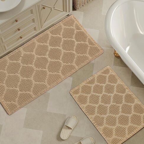 Upgraded Non Slip Bathroom Rugs Sets 2 Piece, Washable Waffle Bath Mats Set, Quick Dry Bathroom Mat, Super Absorbent Kitchen Runner Rug for Hallway, Brown, 18"x30"+24"x48"(2'x4') in Saudi Arabia