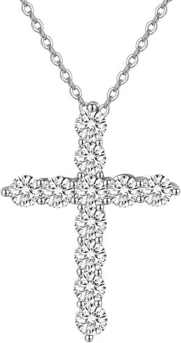 Bergoolin مكعب زركونيا الصليب قلادة للنساء - 18K الفضة مطلي الصليب الإيمان قلادة القلائد - 18 + 2 "سلسلة فضية D اللون جولة قطع الزفاف الذكرى عيد الميلاد المجوهرات in Kuwait