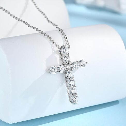 Bergoolin مكعب زركونيا الصليب قلادة للنساء - 18K الفضة مطلي الصليب الإيمان قلادة القلائد - 18 + 2 "سلسلة فضية D اللون جولة قطع الزفاف الذكرى عيد الميلاد المجوهرات in Kuwait