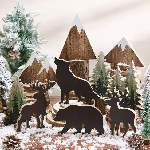 DoubleFill 10 Pcs Cabin Shelf Decor Wooden Forest Animals Bear Mountain Pine Tree Sign Rustic Woodland Decor for Cabin Farmhouse Table Centerpiece Home Office Decoration in Saudi Arabia