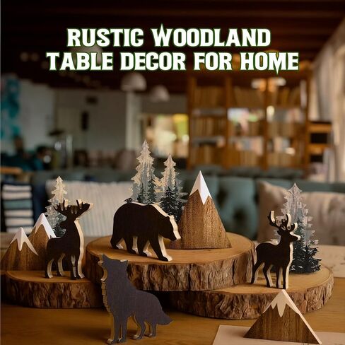 DoubleFill 10 Pcs Cabin Shelf Decor Wooden Forest Animals Bear Mountain Pine Tree Sign Rustic Woodland Decor for Cabin Farmhouse Table Centerpiece Home Office Decoration in Saudi Arabia