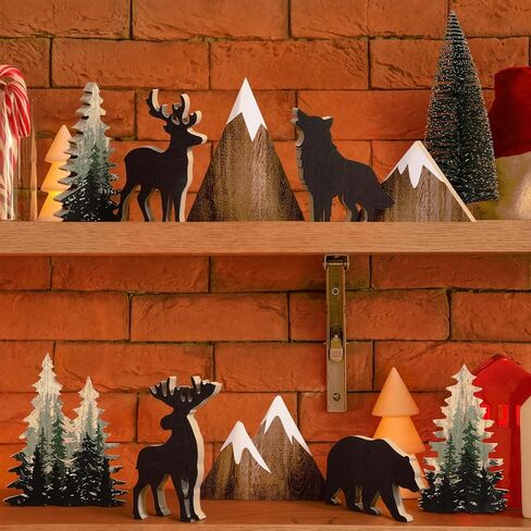 DoubleFill 10 Pcs Cabin Shelf Decor Wooden Forest Animals Bear Mountain Pine Tree Sign Rustic Woodland Decor for Cabin Farmhouse Table Centerpiece Home Office Decoration in Saudi Arabia